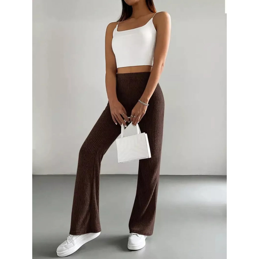 Ribbed Knit High Waist Flare Pants Apparel and Accessories