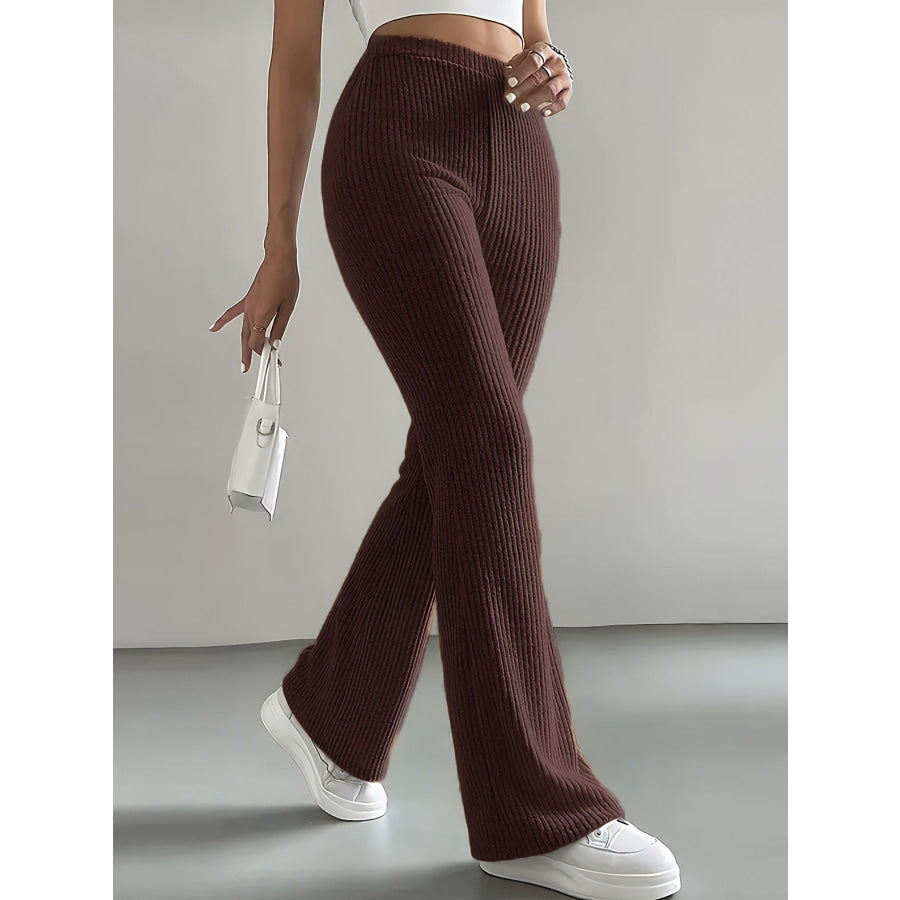 Ribbed Knit High Waist Flare Pants Brown / M Apparel and Accessories