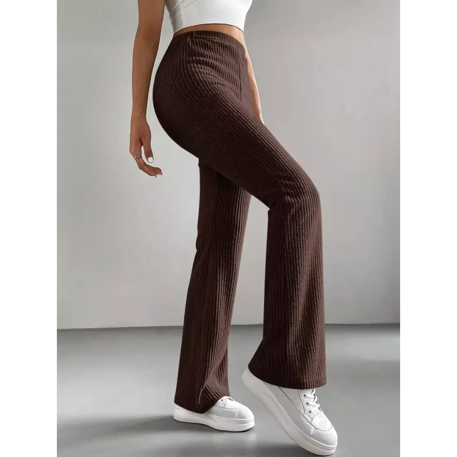 Ribbed Knit High Waist Flare Pants Brown / S Apparel and Accessories