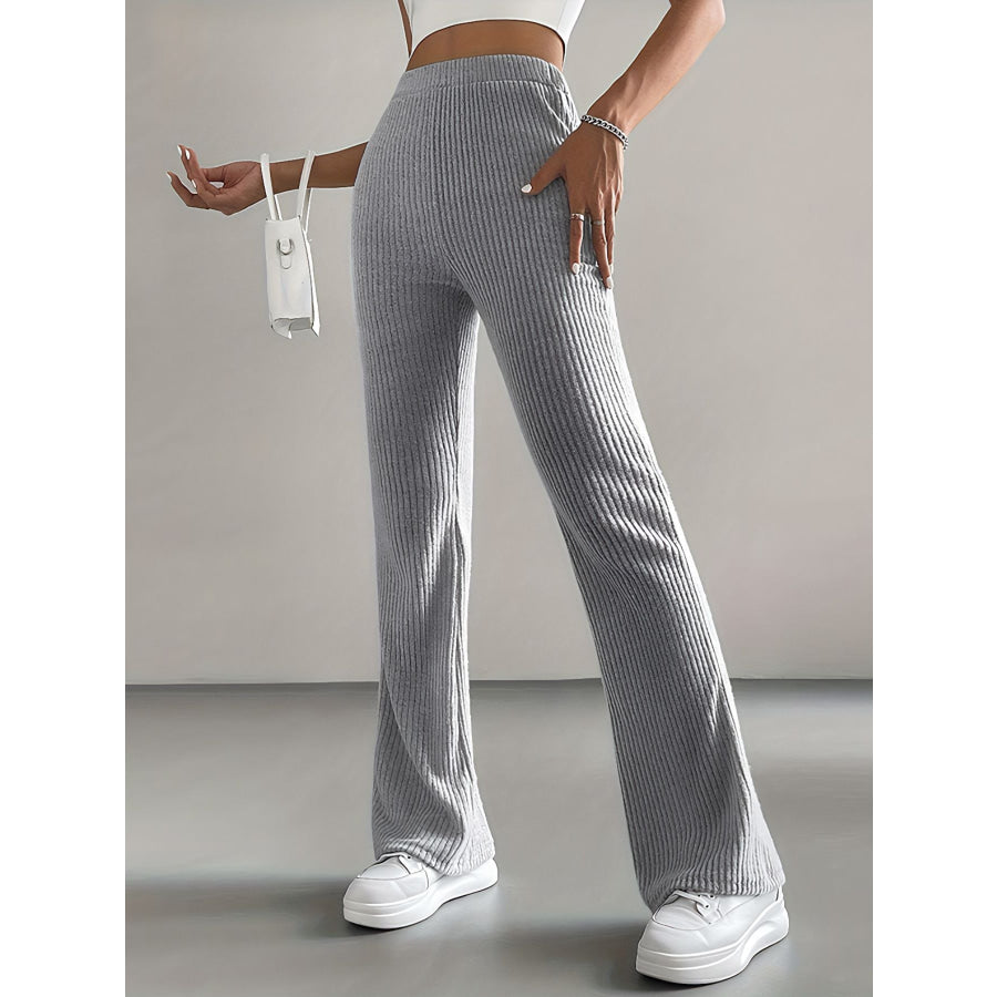 Ribbed Knit High Waist Flare Pants Light Gray / M Apparel and Accessories