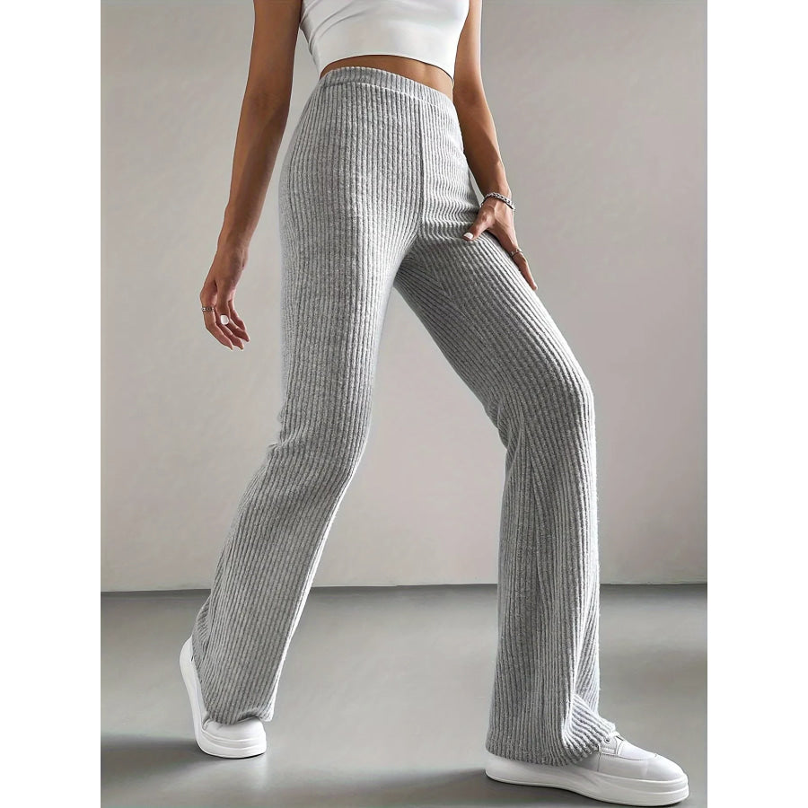 Ribbed Knit High Waist Flare Pants Light Gray / S Apparel and Accessories