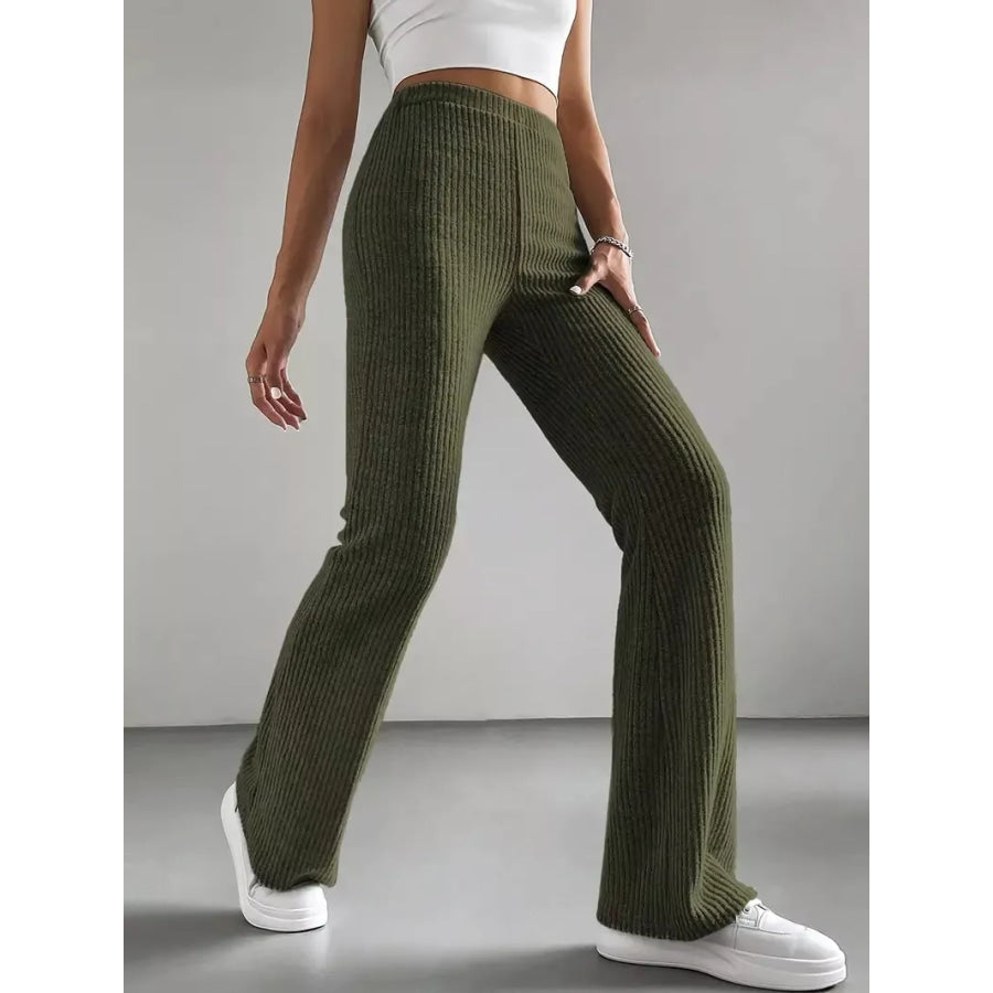 Ribbed Knit High Waist Flare Pants Olive Green / S Apparel and Accessories