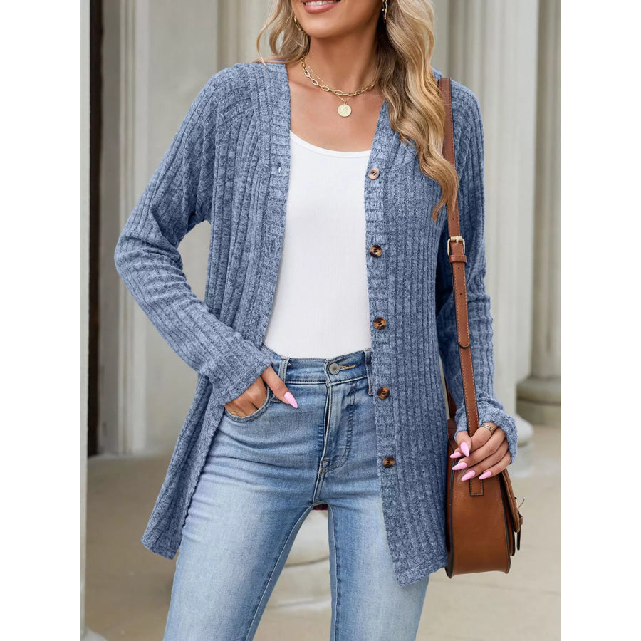 Ribbed Knit Hooded Button-Down Cardigan Apparel and Accessories