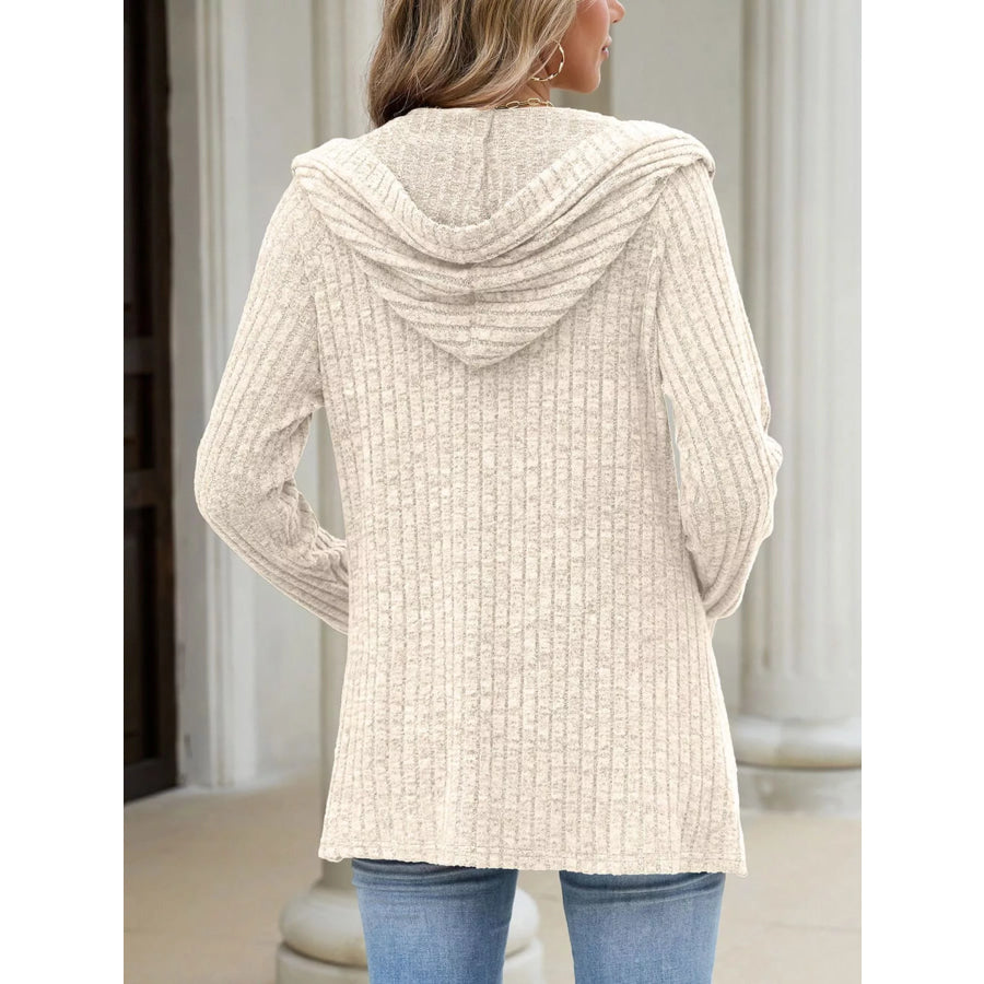 Ribbed Knit Hooded Button-Down Cardigan Apparel and Accessories