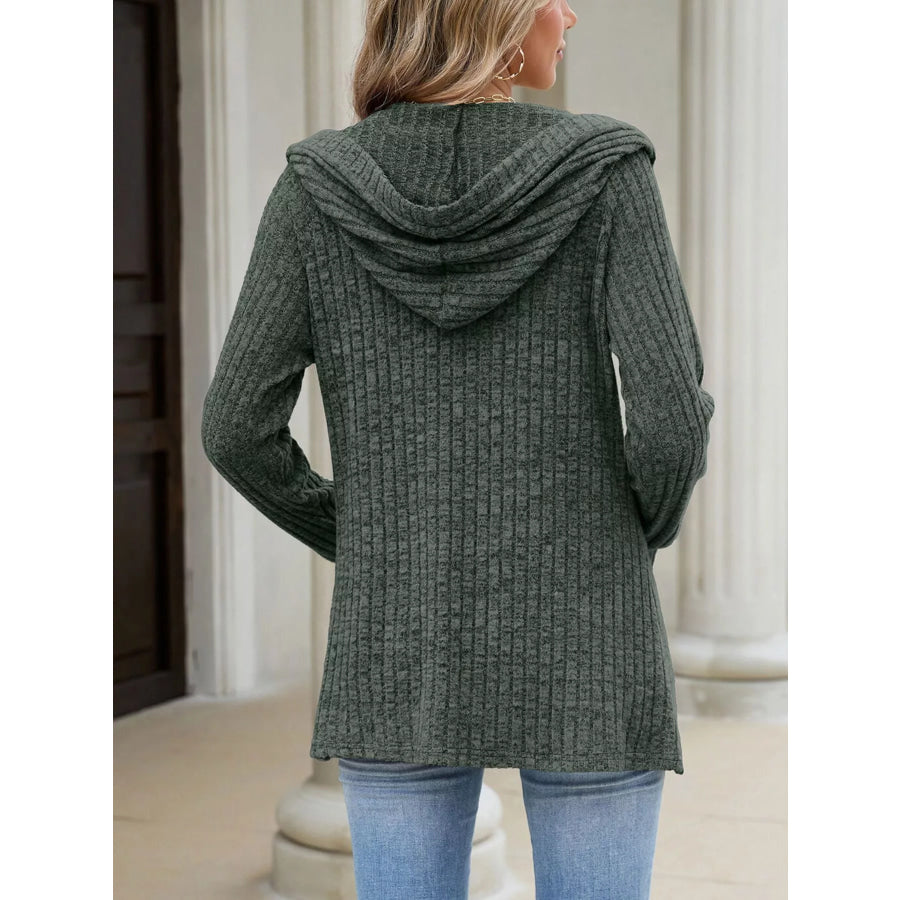 Ribbed Knit Hooded Button-Down Cardigan Apparel and Accessories