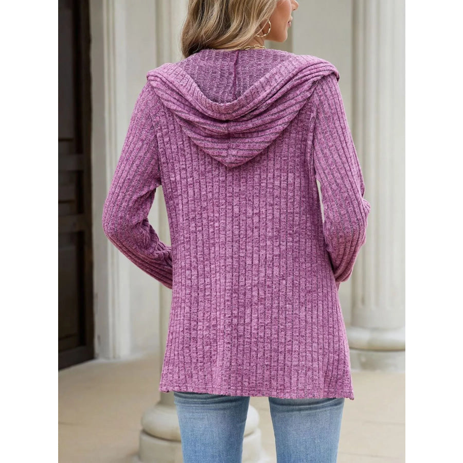 Ribbed Knit Hooded Button-Down Cardigan Apparel and Accessories