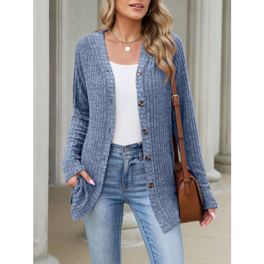 Ribbed Knit Hooded Button-Down Cardigan Apparel and Accessories