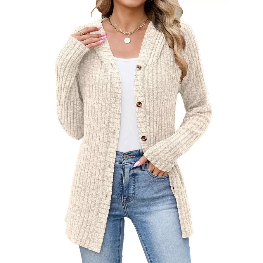 Ribbed Knit Hooded Button-Down Cardigan Apparel and Accessories