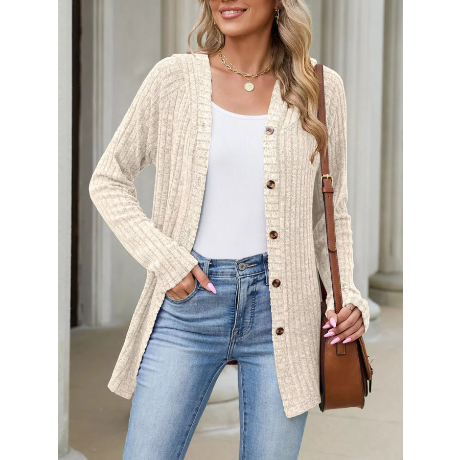Ribbed Knit Hooded Button-Down Cardigan Apparel and Accessories