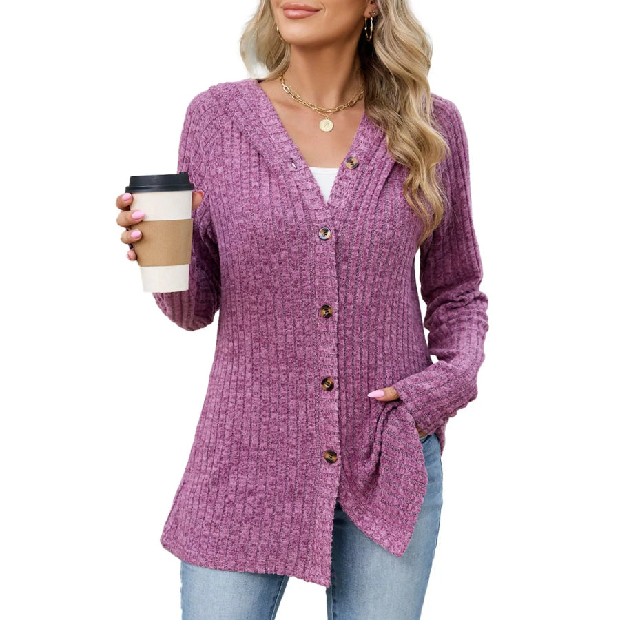 Ribbed Knit Hooded Button-Down Cardigan Apparel and Accessories