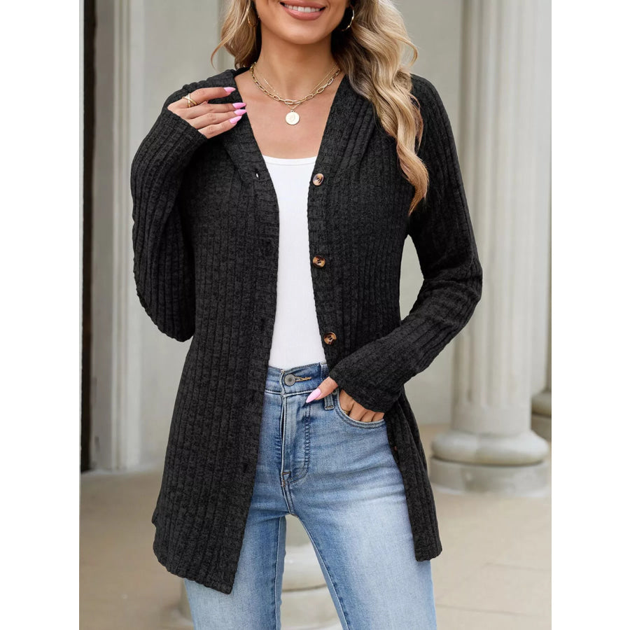 Ribbed Knit Hooded Button-Down Cardigan Apparel and Accessories