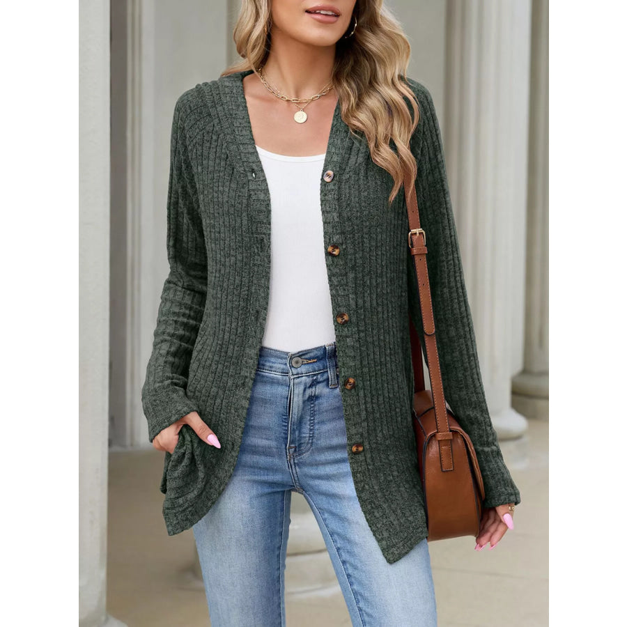 Ribbed Knit Hooded Button-Down Cardigan Apparel and Accessories