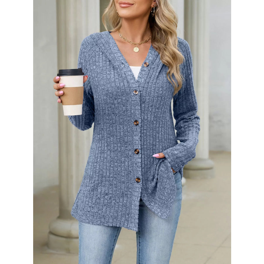 Ribbed Knit Hooded Button-Down Cardigan Apparel and Accessories