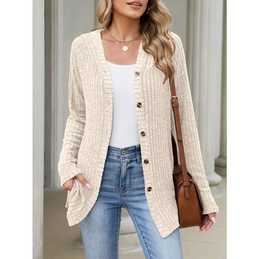 Ribbed Knit Hooded Button-Down Cardigan Apparel and Accessories
