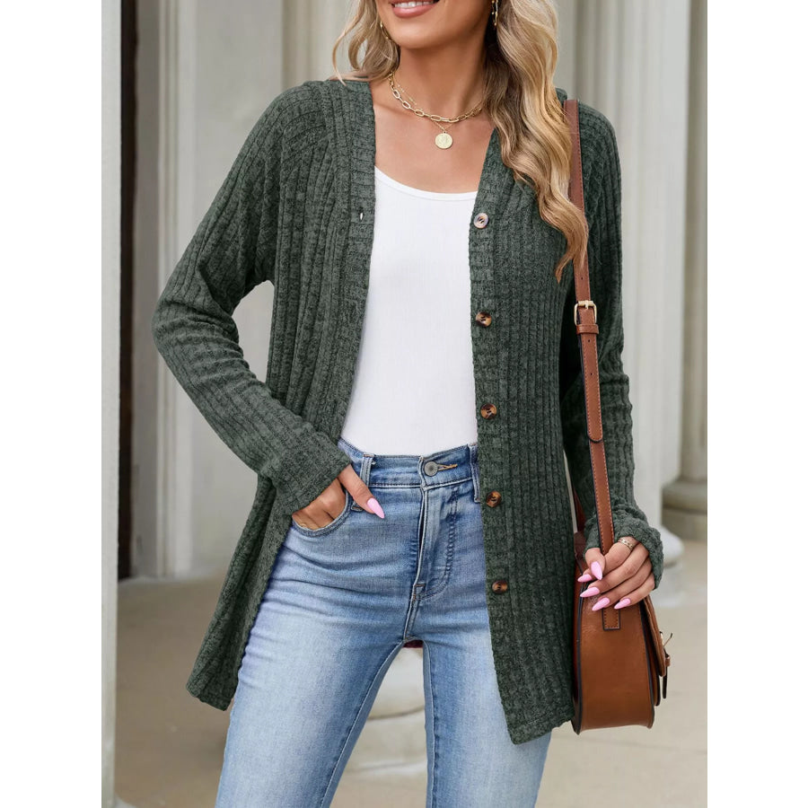 Ribbed Knit Hooded Button-Down Cardigan Apparel and Accessories