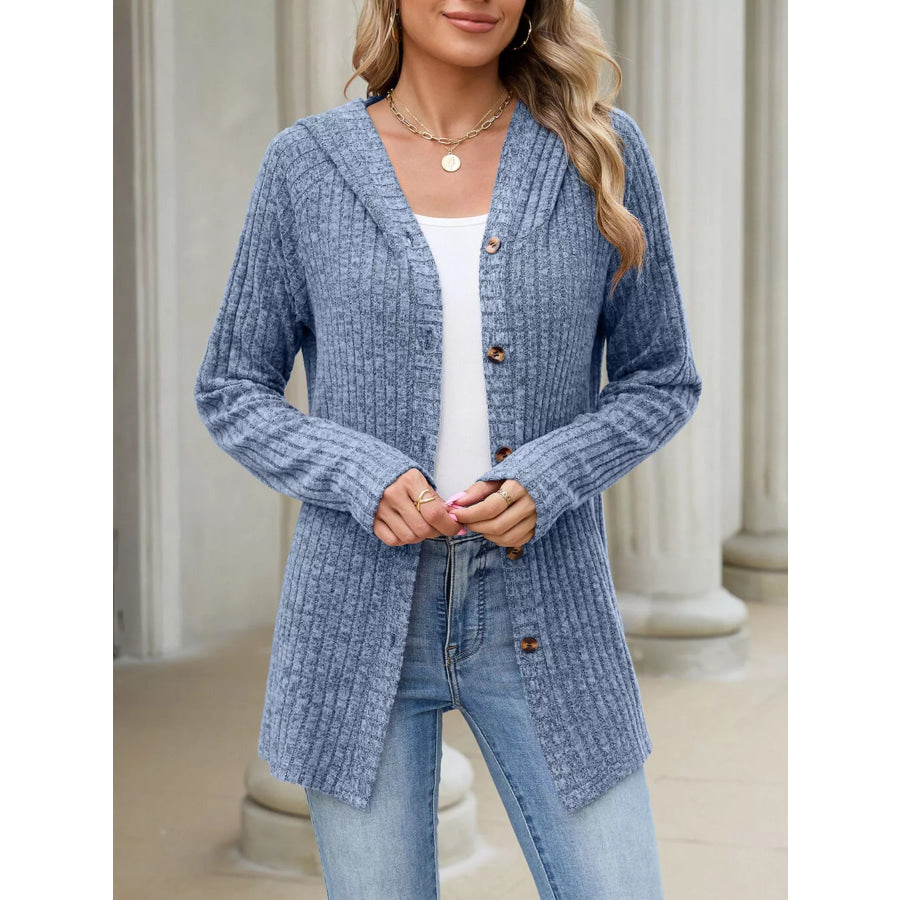 Ribbed Knit Hooded Button-Down Cardigan Apparel and Accessories