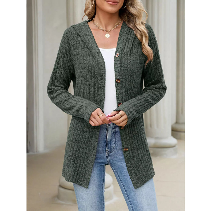 Ribbed Knit Hooded Button-Down Cardigan Apparel and Accessories