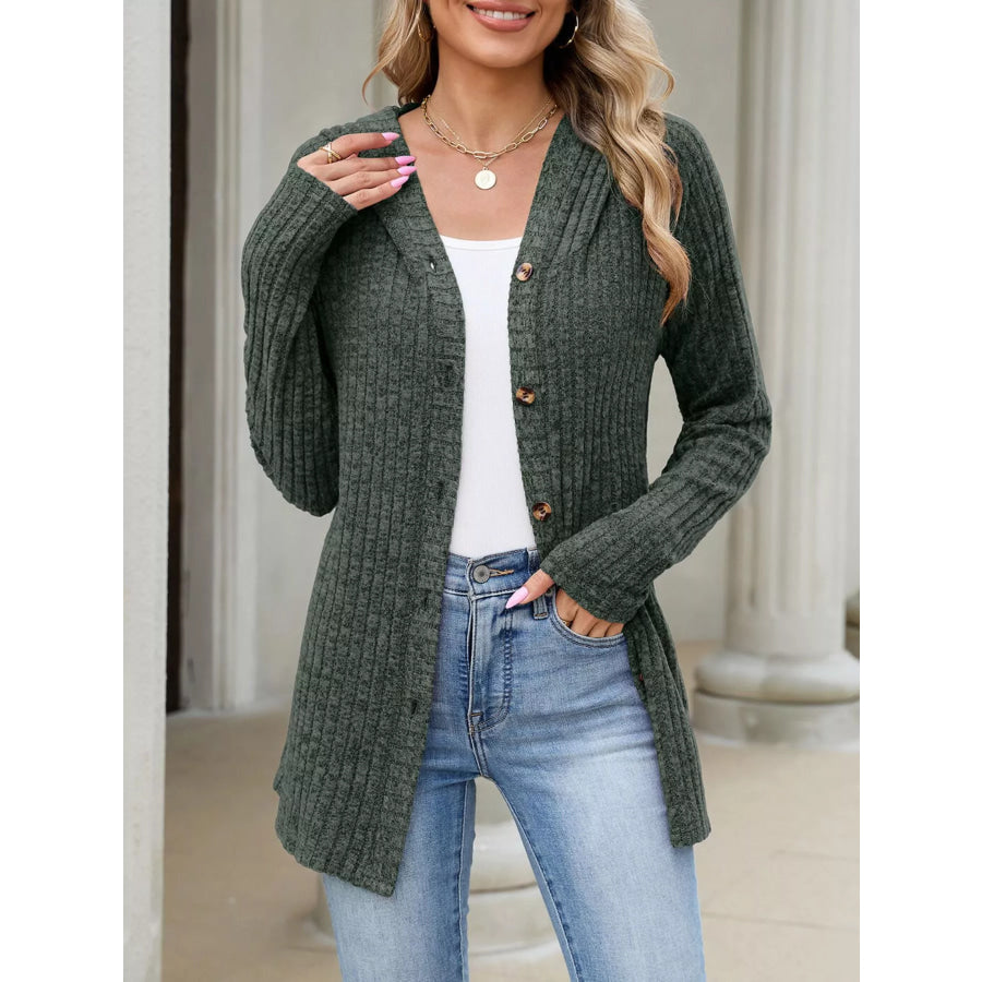 Ribbed Knit Hooded Button-Down Cardigan Apparel and Accessories
