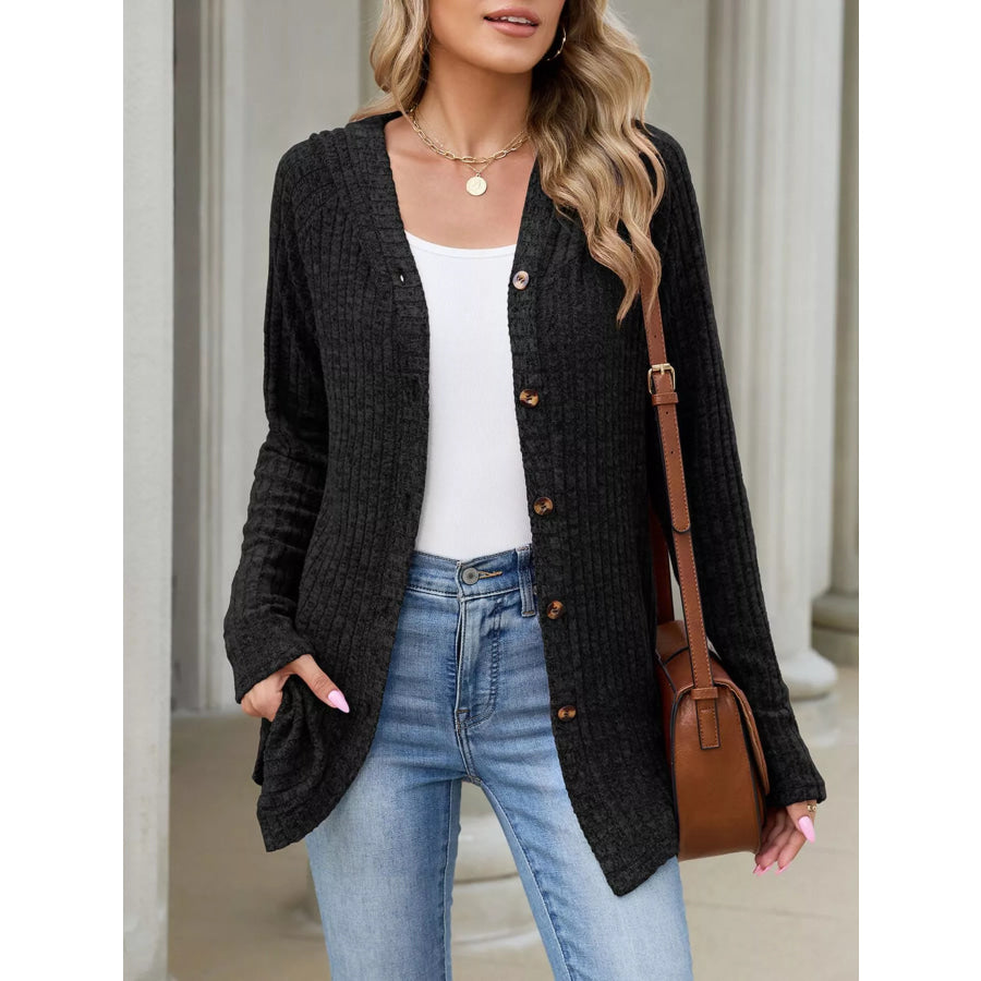 Ribbed Knit Hooded Button-Down Cardigan Apparel and Accessories