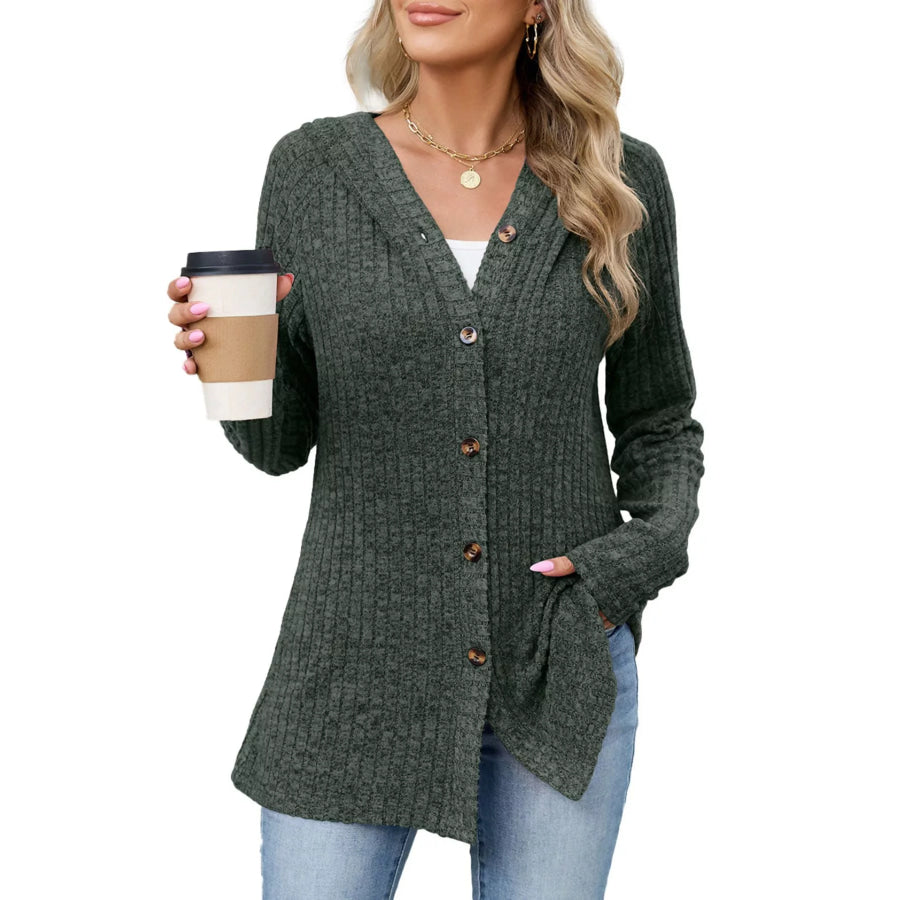Ribbed Knit Hooded Button-Down Cardigan Apparel and Accessories