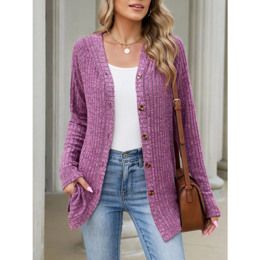 Ribbed Knit Hooded Button-Down Cardigan Apparel and Accessories