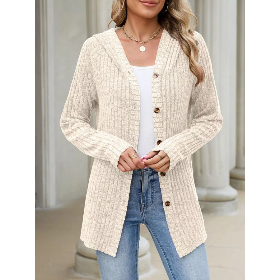 Ribbed Knit Hooded Button-Down Cardigan Apparel and Accessories