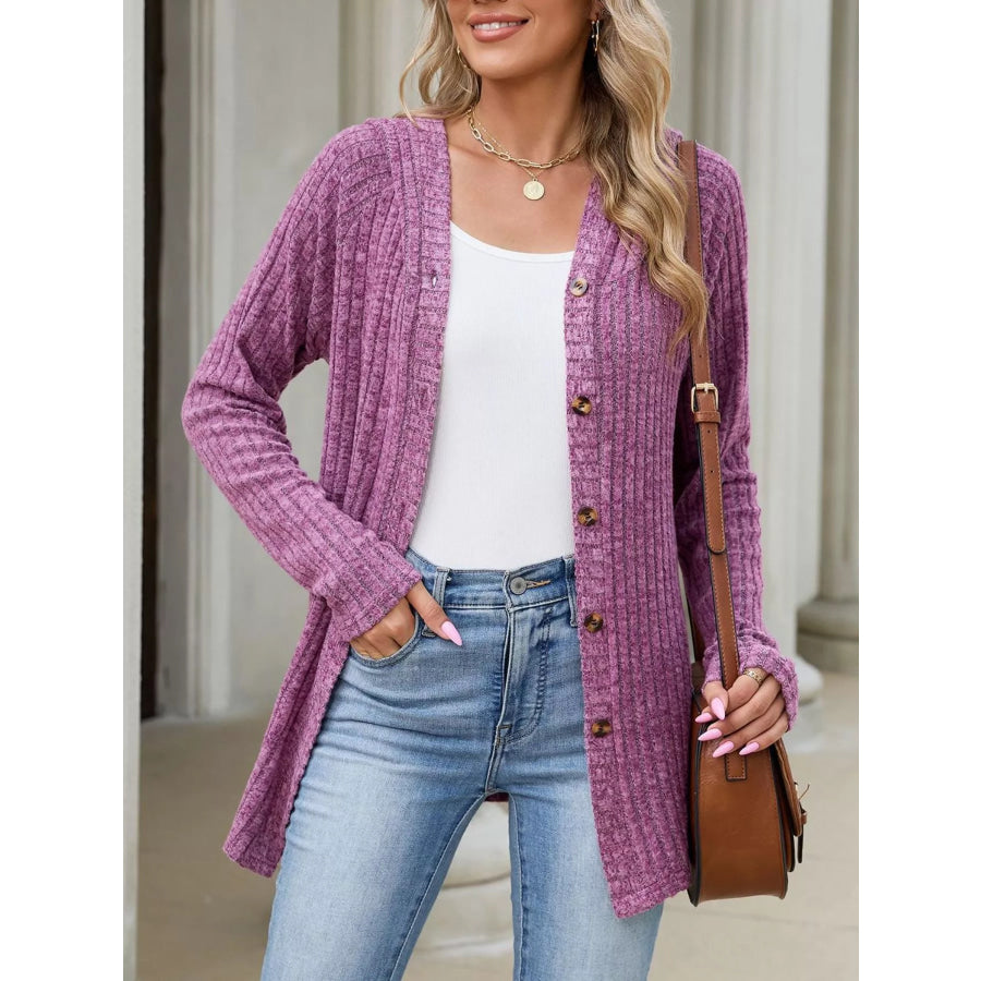 Ribbed Knit Hooded Button-Down Cardigan Apparel and Accessories