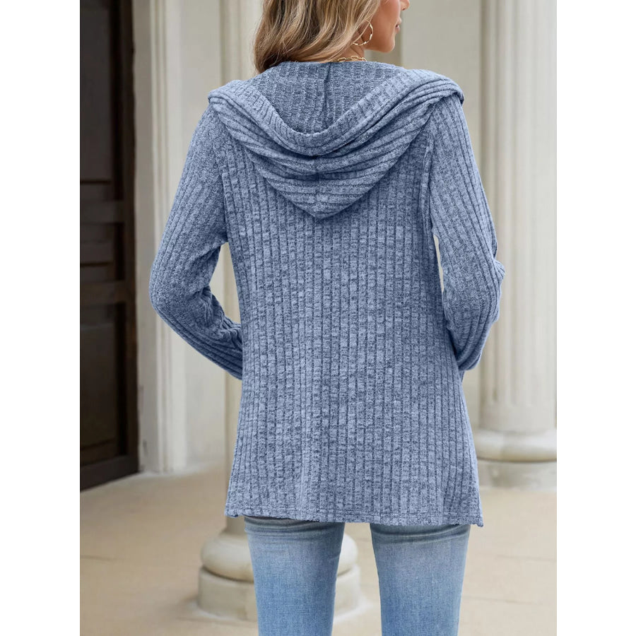 Ribbed Knit Hooded Button-Down Cardigan Apparel and Accessories