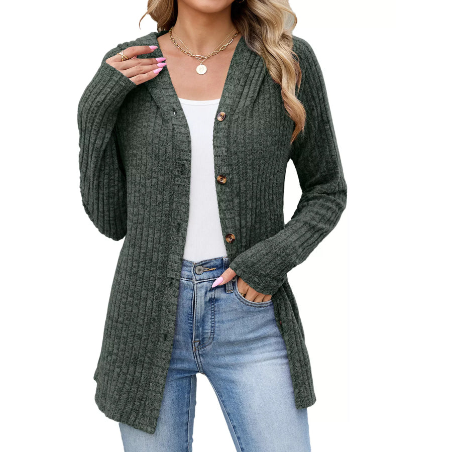 Ribbed Knit Hooded Button-Down Cardigan Army Green / S Apparel and Accessories