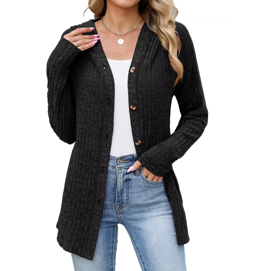 Ribbed Knit Hooded Button-Down Cardigan Black / S Apparel and Accessories