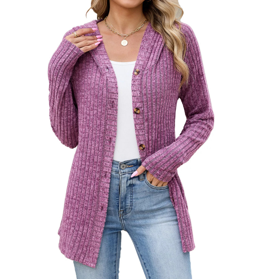 Ribbed Knit Hooded Button-Down Cardigan Purple-red / S Apparel and Accessories