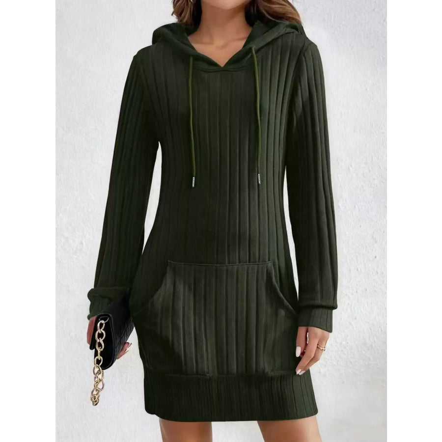 Ribbed Knit Hoodie Dress Army Green / S Apparel and Accessories