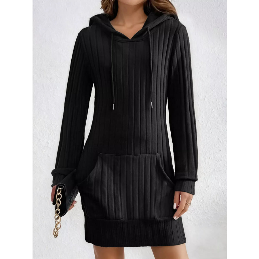 Ribbed Knit Hoodie Dress Black / S Apparel and Accessories