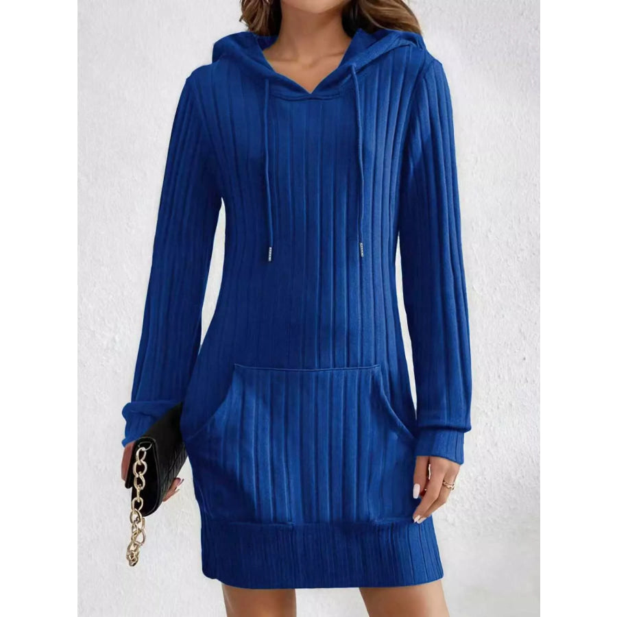 Ribbed Knit Hoodie Dress Blue / S Apparel and Accessories