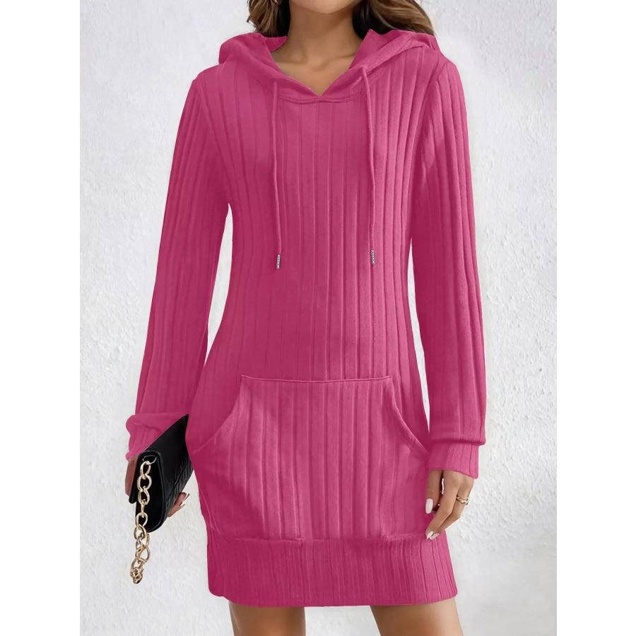 Ribbed Knit Hoodie Dress Fuchsia Pink / S Apparel and Accessories