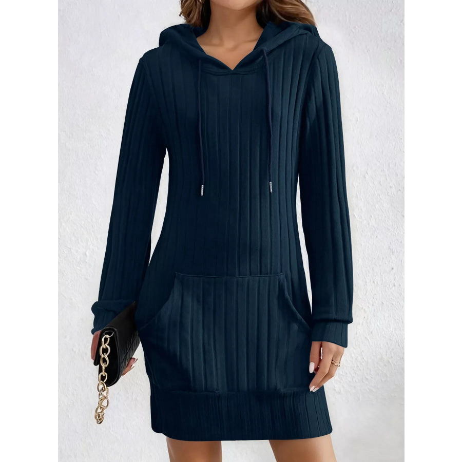 Ribbed Knit Hoodie Dress Navy / S Apparel and Accessories