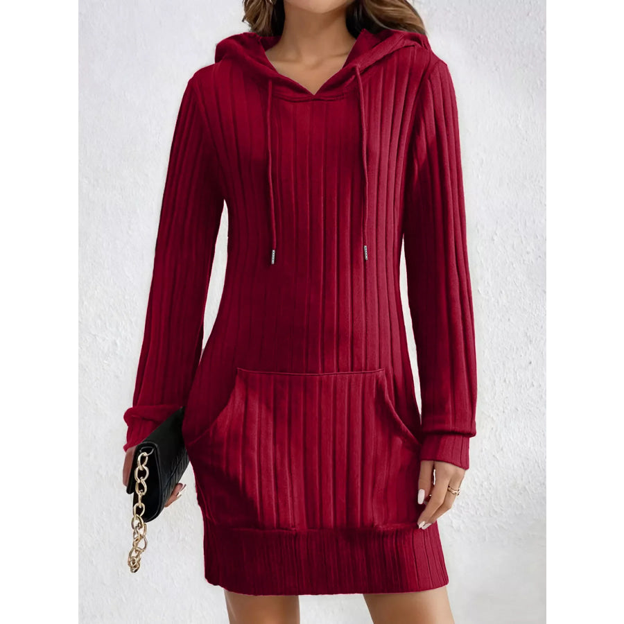 Ribbed Knit Hoodie Dress Red / S Apparel and Accessories
