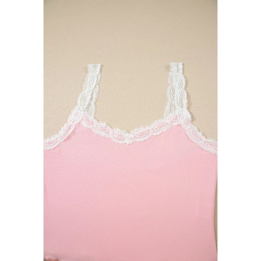 Ribbed Knit Lace Straps Patchwork Lettuce Hem Cropped Top Floral Short Lounge Set Apparel and Accessories
