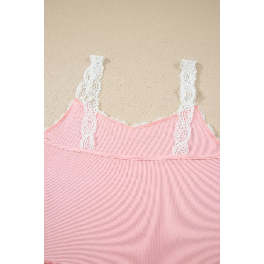 Ribbed Knit Lace Straps Patchwork Lettuce Hem Cropped Top Floral Short Lounge Set Apparel and Accessories