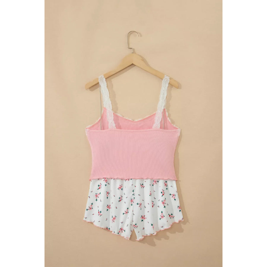 Ribbed Knit Lace Straps Patchwork Lettuce Hem Cropped Top Floral Short Lounge Set Apparel and Accessories