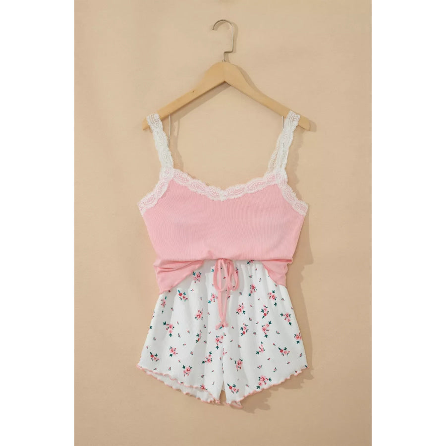 Ribbed Knit Lace Straps Patchwork Lettuce Hem Cropped Top Floral Short Lounge Set Apparel and Accessories