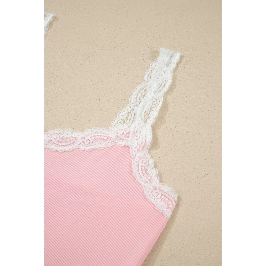 Ribbed Knit Lace Straps Patchwork Lettuce Hem Cropped Top Floral Short Lounge Set Apparel and Accessories