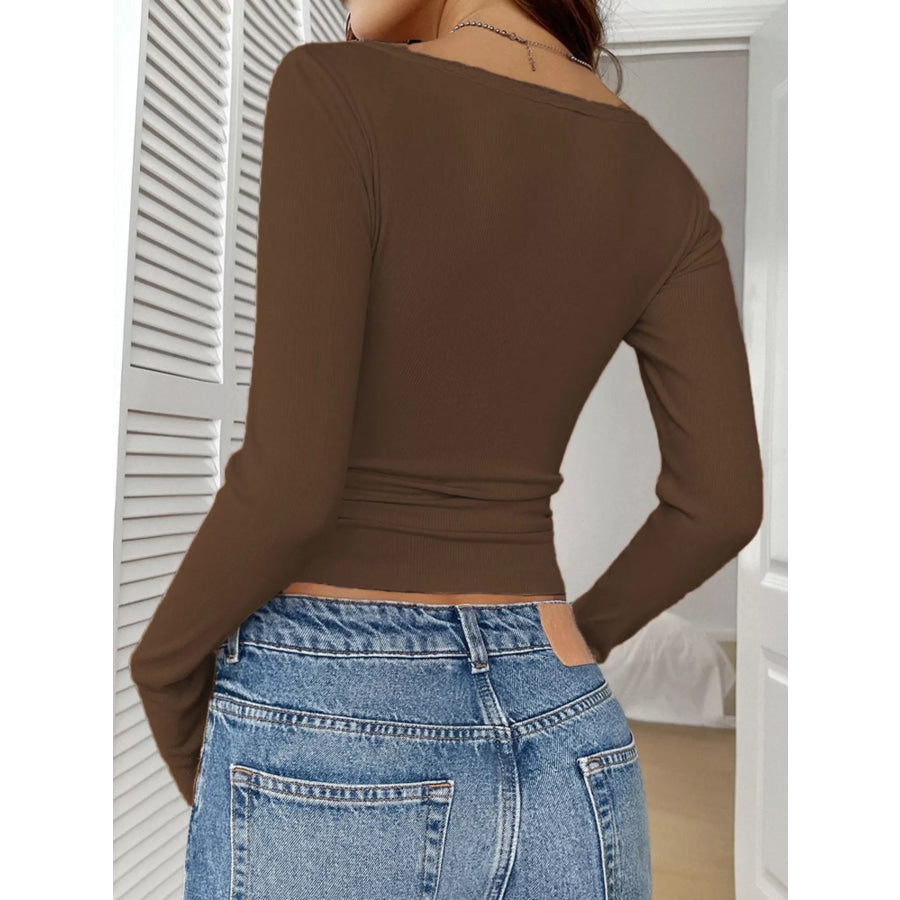 Ribbed Knit Lace Trim Long Sleeve T-Shirt Apparel and Accessories