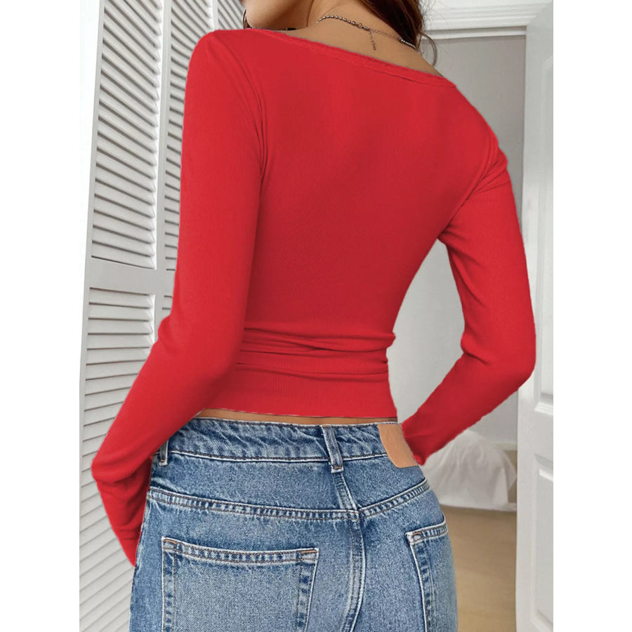 Ribbed Knit Lace Trim Long Sleeve T-Shirt Apparel and Accessories
