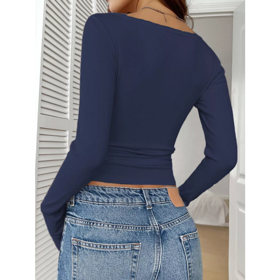 Ribbed Knit Lace Trim Long Sleeve T-Shirt Apparel and Accessories