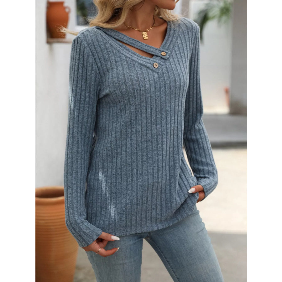Ribbed Knit Long Sleeve Button Detail T-Shirt Dusty Blue / S Apparel and Accessories