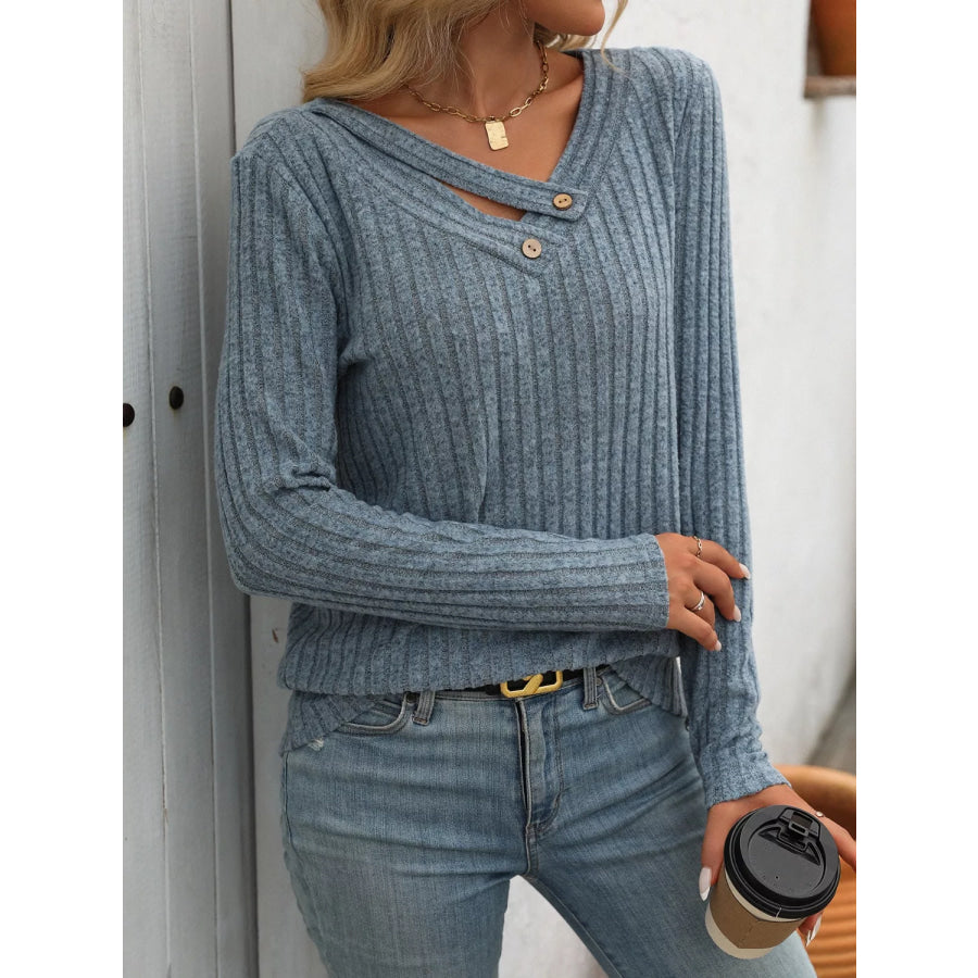 Ribbed Knit Long Sleeve Button Detail T-Shirt Dusty Blue / S Apparel and Accessories