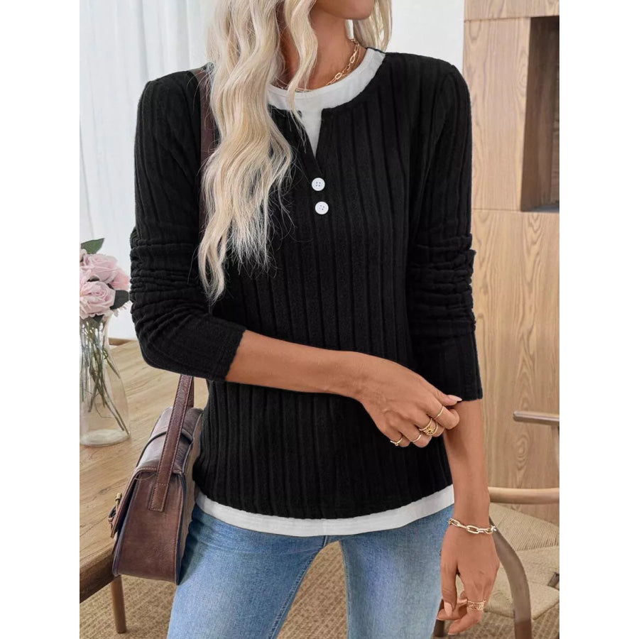 Ribbed Knit Long Sleeve Fake Two-Piece T-Shirt Apparel and Accessories