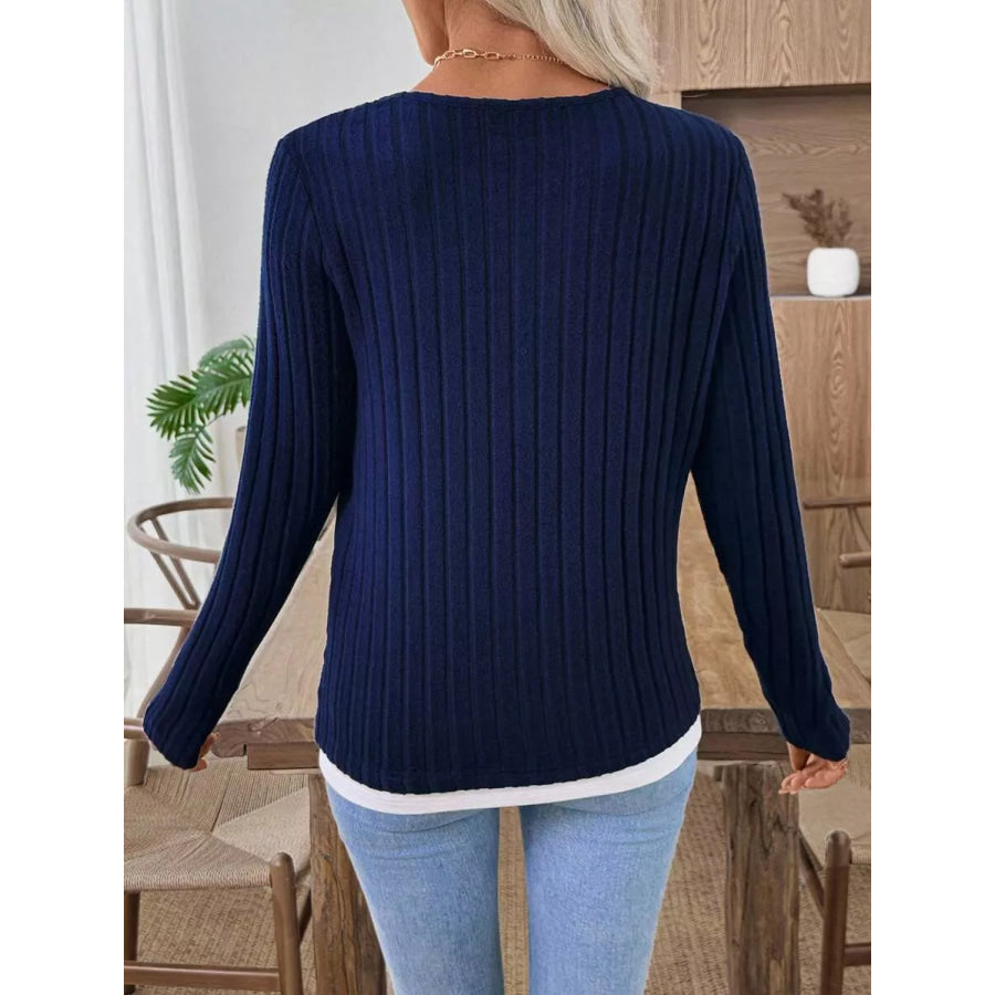 Ribbed Knit Long Sleeve Fake Two-Piece T-Shirt Apparel and Accessories