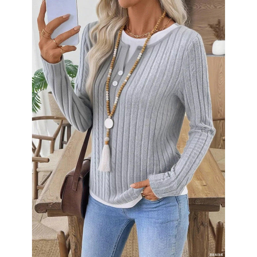 Ribbed Knit Long Sleeve Fake Two-Piece T-Shirt Apparel and Accessories